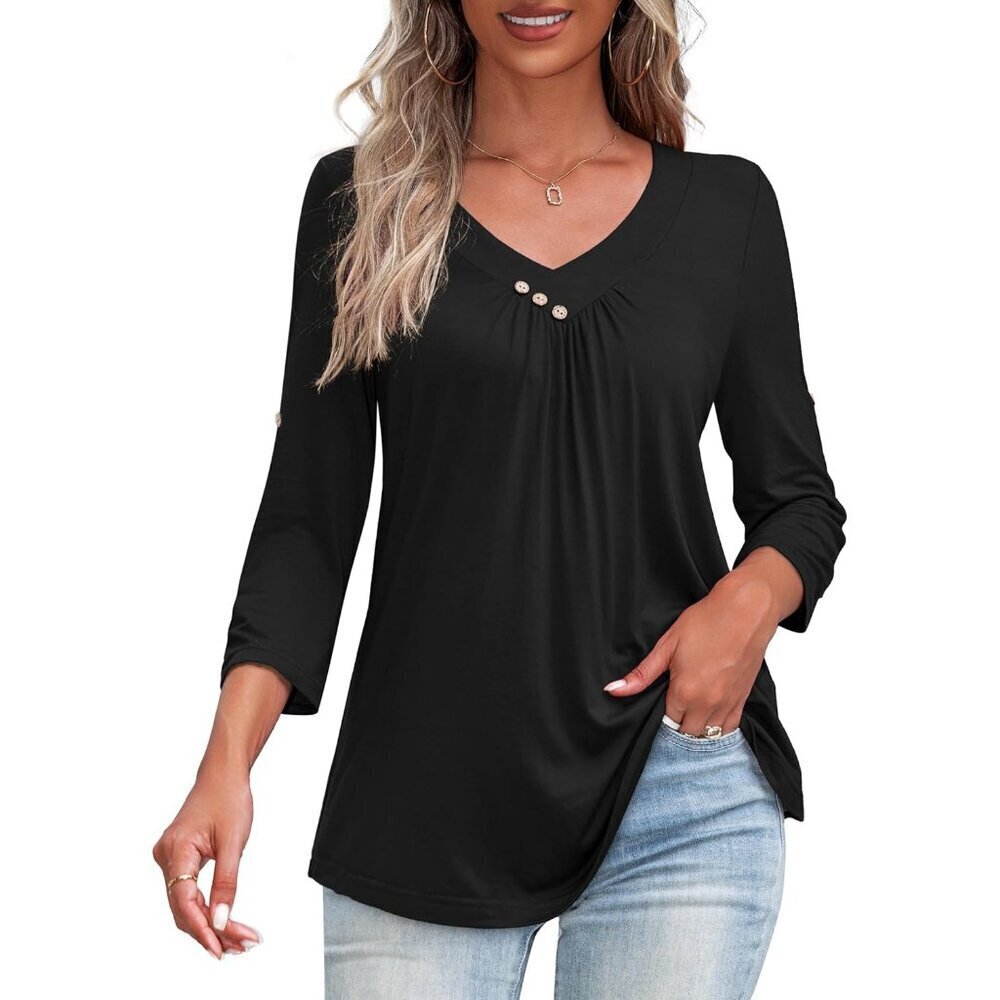 Women's Plus Size V Neck Blouse 3/4 Sleeve Flowy Hem Casual Top
